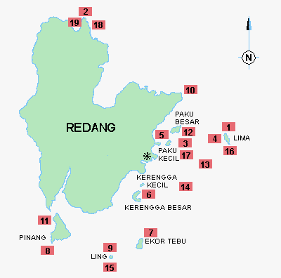 Location of Laguna Redang Island Resort and the dive sites of Redang Archipelago